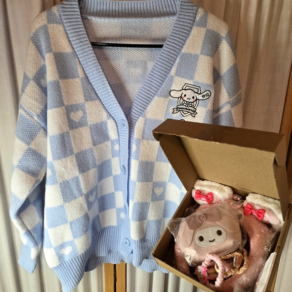 Cinnamon Roll Kawaii Sweaters - Blue and White Checkered Cardigan with Cute Character